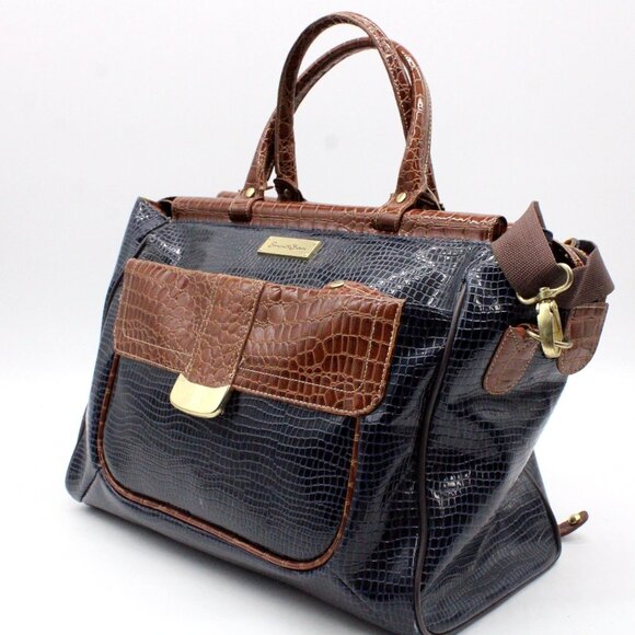 Samantha Brown Dowel Travel Bag Croc Embossed BLUE Brown Weekender Carry On VTG - Picture 4 of 15